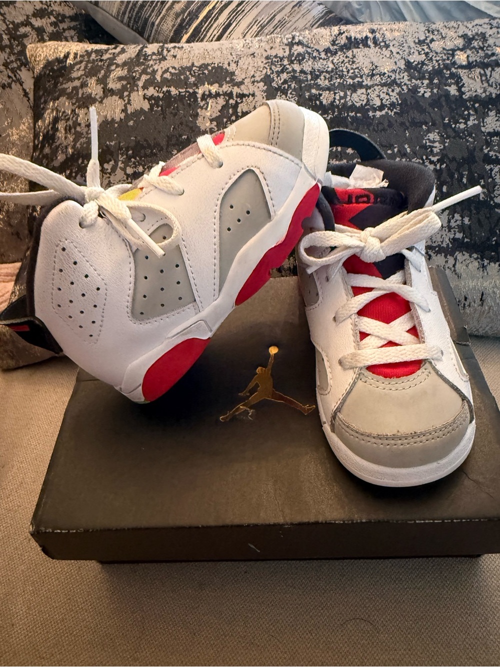 Jordan Kids White, Gray, Red Retro Basketball Sneakers